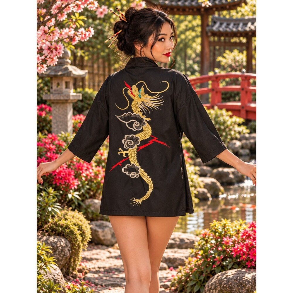 Vintage JUGUEMM Japanese Dragon Embroidered Happi Jacket 1990s Black